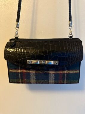 Brighton Black Croc-Embossed & Plaid Crossbody with Silver Accents